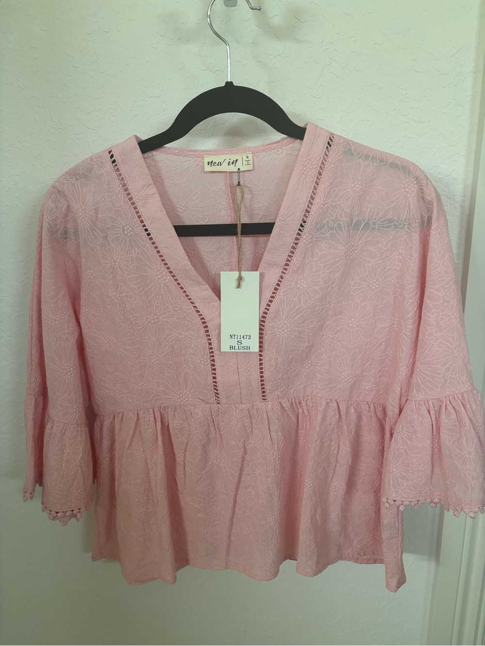 Blush Floral Eyelet Peplum V‑Neck Blouse